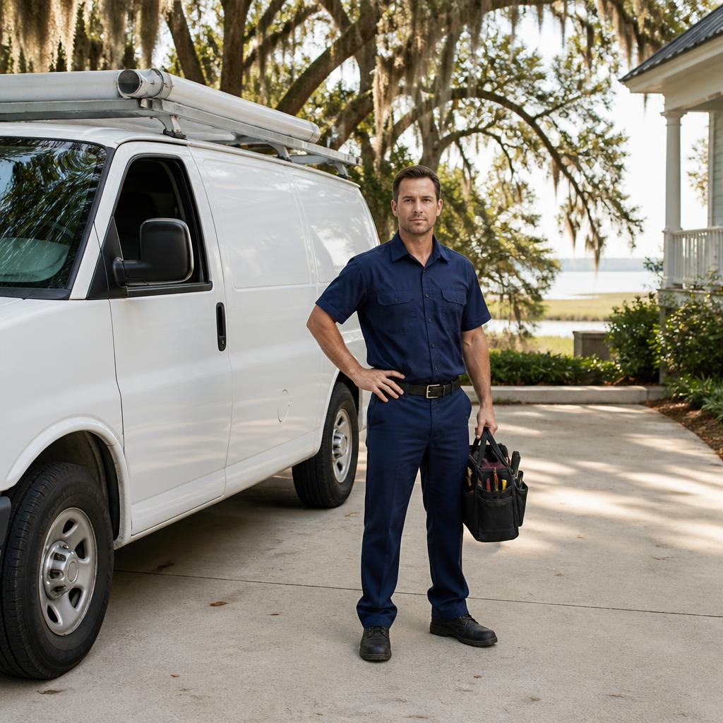 Climate Controllers technician and truck at a Brunswick home