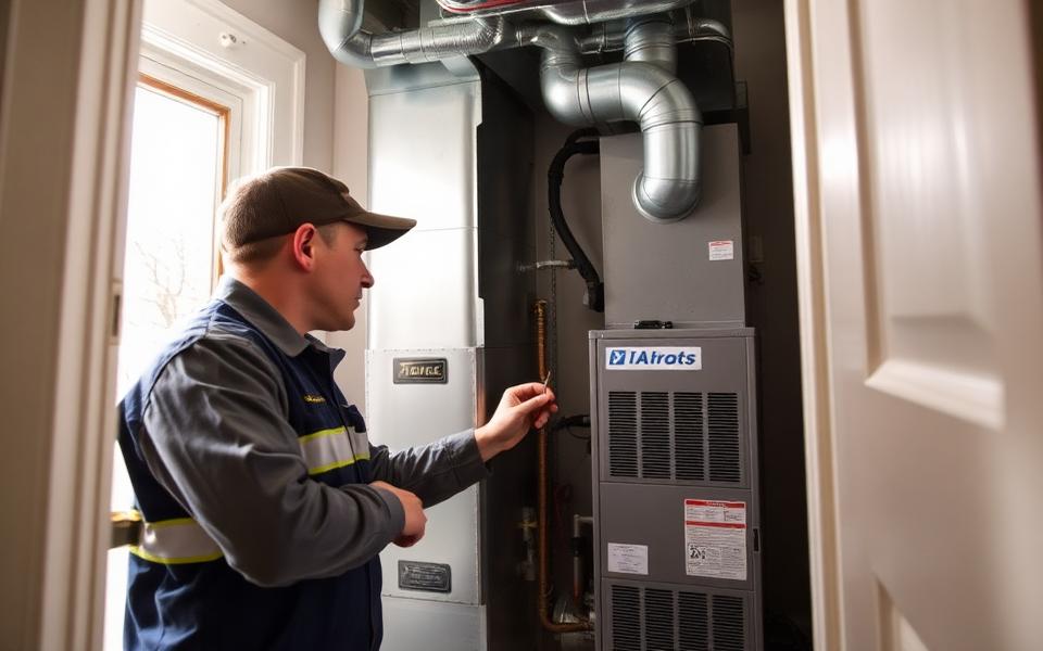 Technician checking a gas furnace inside a home closet