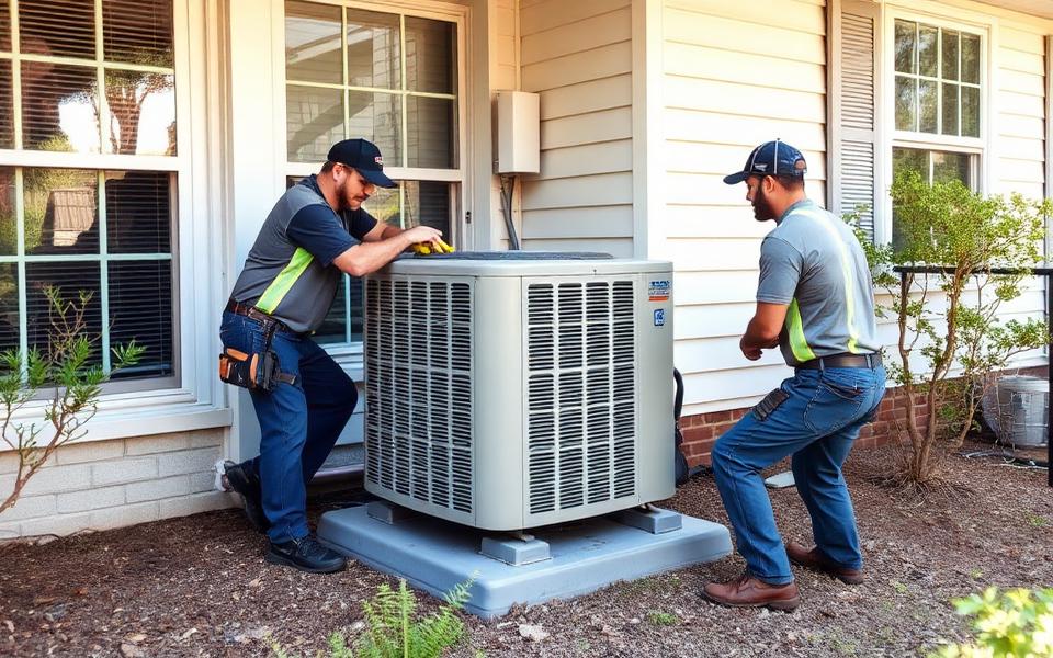 Two technicians setting a new outdoor condenser on a pad